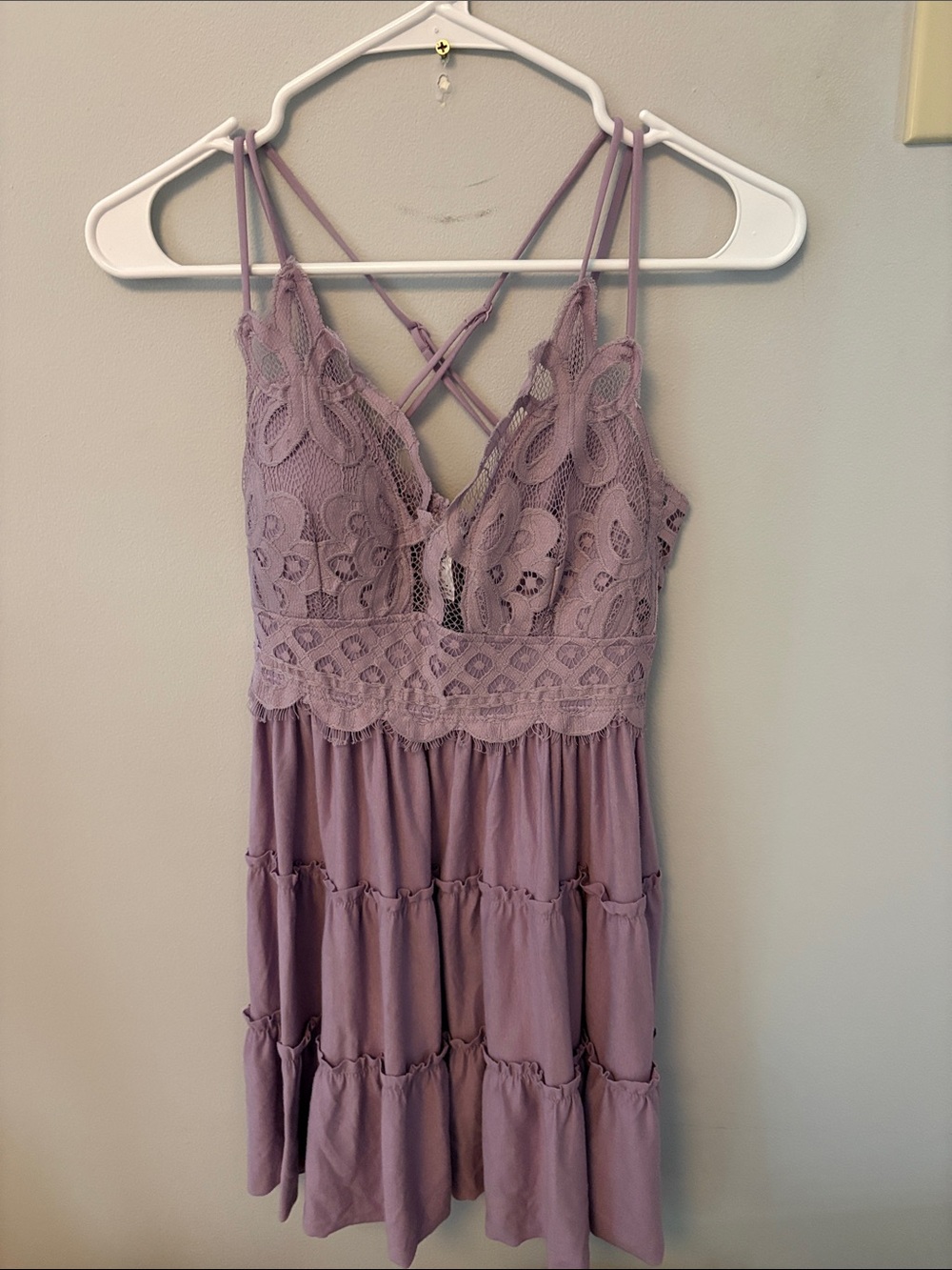 Zenana Outfitters Lavender Lace Tiered Mini Dress